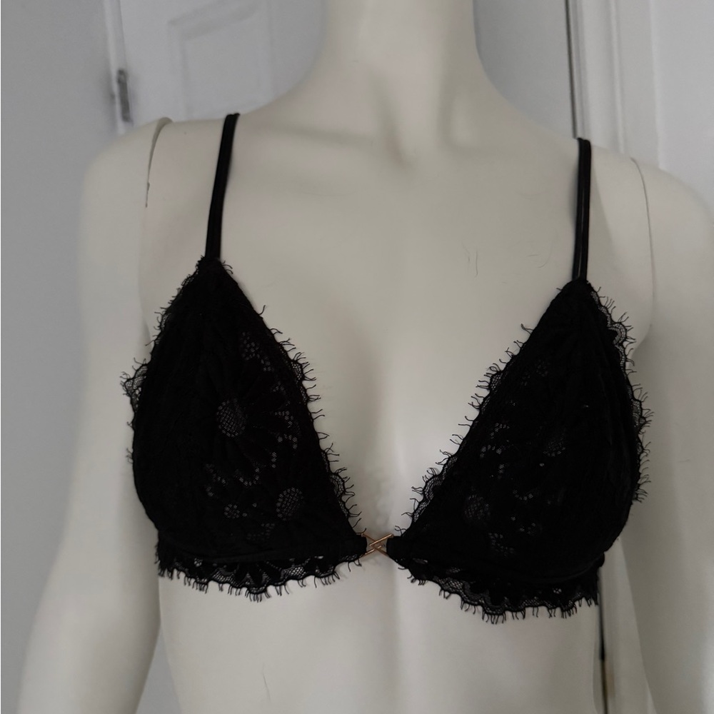 Black Lace Triangle Bra with Sheer Mesh